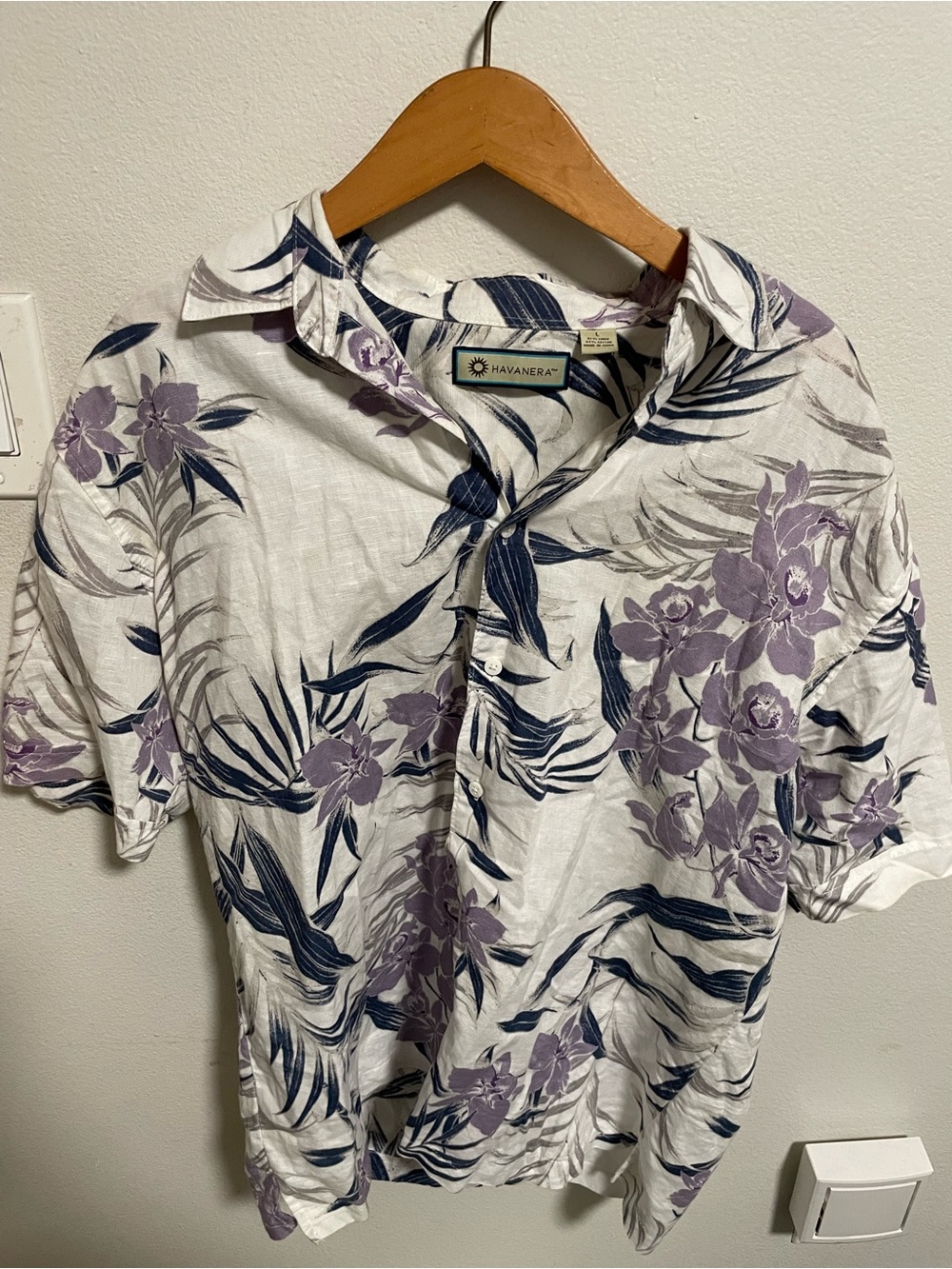 Havenera White Tropical Floral Short-Sleeve Linen Shirt Size Large